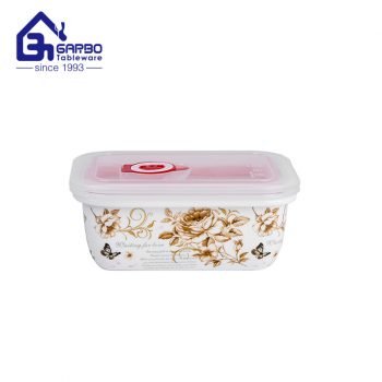 Ceramic food container with lid and silicone hole decal print portable rectangle porcelain lunch box