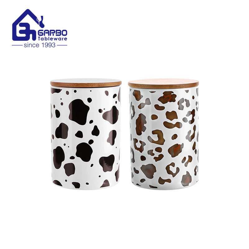 New fashion full print highball straight ceramic food storage jar with bamboo lid kitchen storage tableware