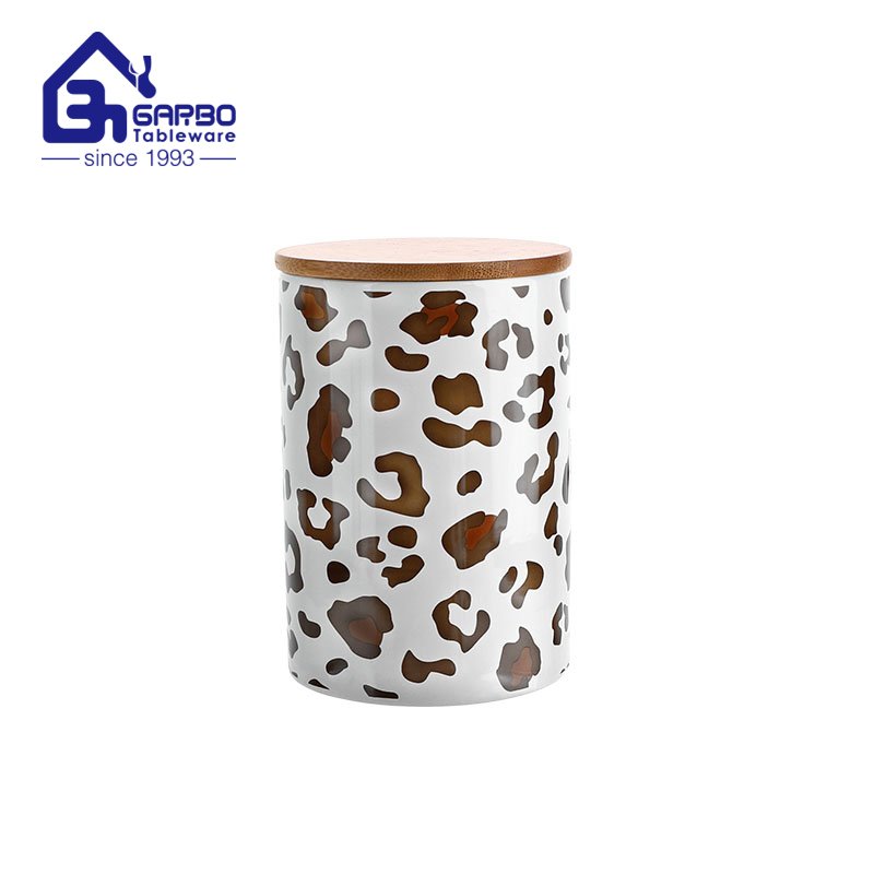 Factory Wholesale 28.6oz cylinder-shaped printing ceramic canister creative porcelain storage jar containers with bamboo lid