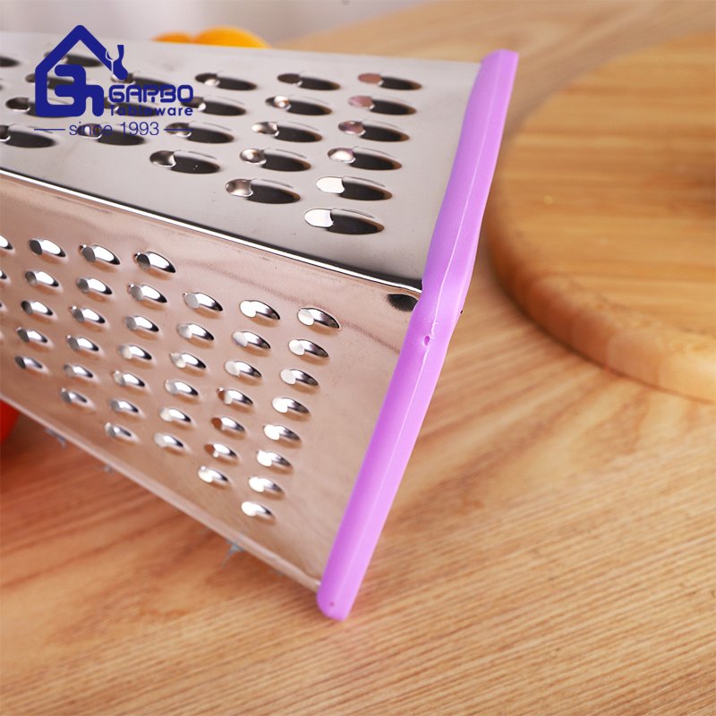 China Factory Small MOQ Cheap Kitchenware 410 Stainless Steel Box Grater With Plastic Flower Design