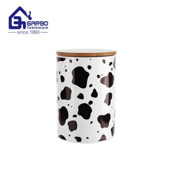 Venta al por mayor de fábrica, bote de cerámica con impresión en forma de cilindro de 28.6 oz, recipientes de almacenamiento de porcelana creativa con tapa de bambú