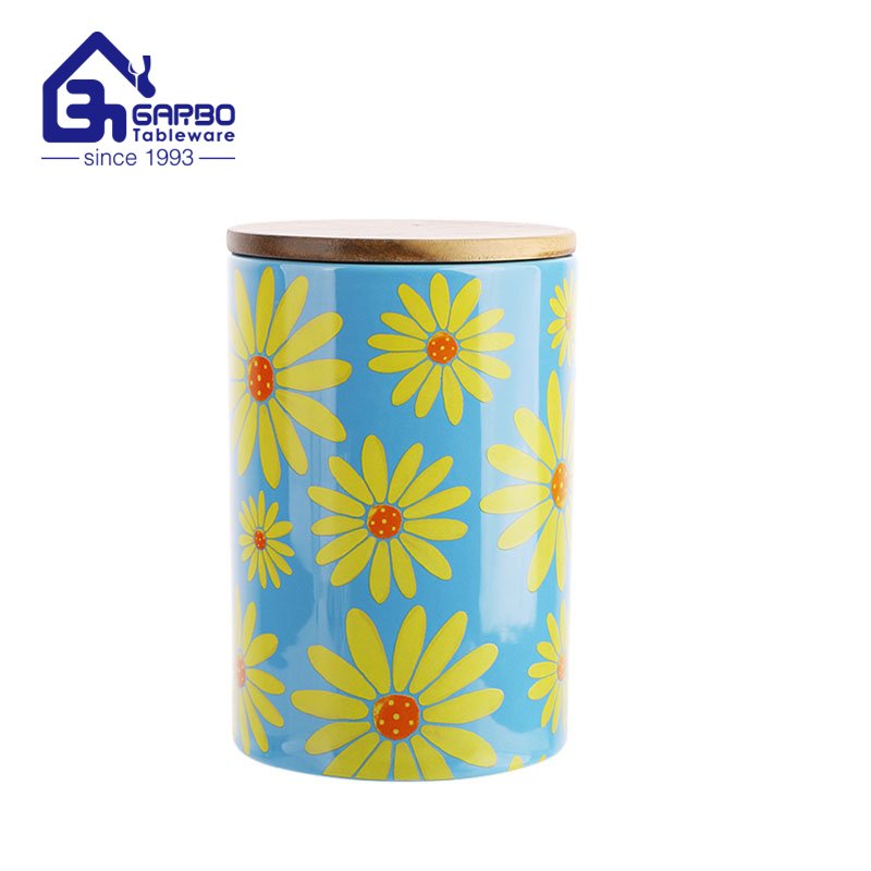 1020ml highball ceramic storage Jar with Bamboo Lid and daisy decal