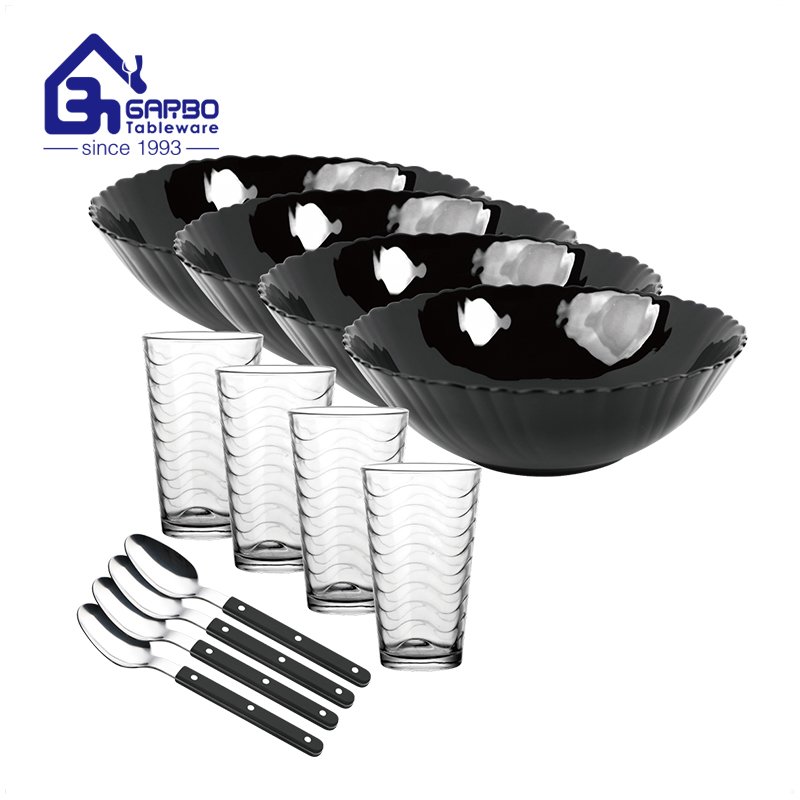 Festival flower decal round opalware dinner set with tumbler and black spoon