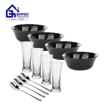 set mangkuk sup opal hitam klasik bulat dan set makan malam sudu 12pcs