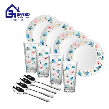 Dishwasher safe white opal dinner set with glass cups and cutlery spoons 