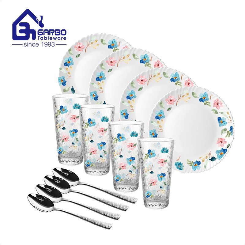 Dishwasher safe white opal dinner set with glass cups and cutlery spoons