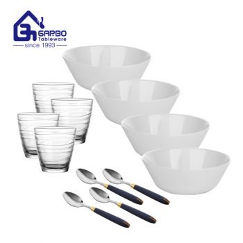 Juego de cena de mesa para el hogar con tazas de vidrio de tazón de ópalo blanco y cucharas de cena