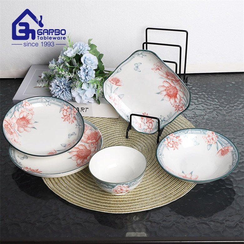 Conjunto de prato de comida de cerâmica estampado completo mesa de cozinha de porcelana para jantar conjunto de pratos profundos