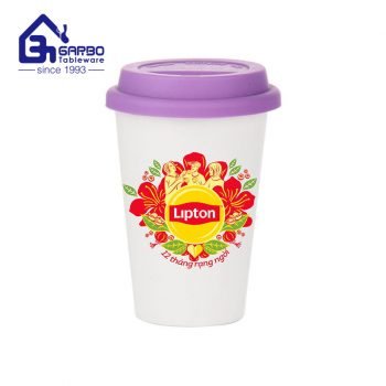 Famous classic brand print ceramic cup with silicone cover drinking tumbler set porcelain cups