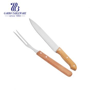 Juego de trinchar clásico de 2 piezas Juego de cuchillo y tenedor para rebanar de acero inoxidable con mango de madera para barbacoa