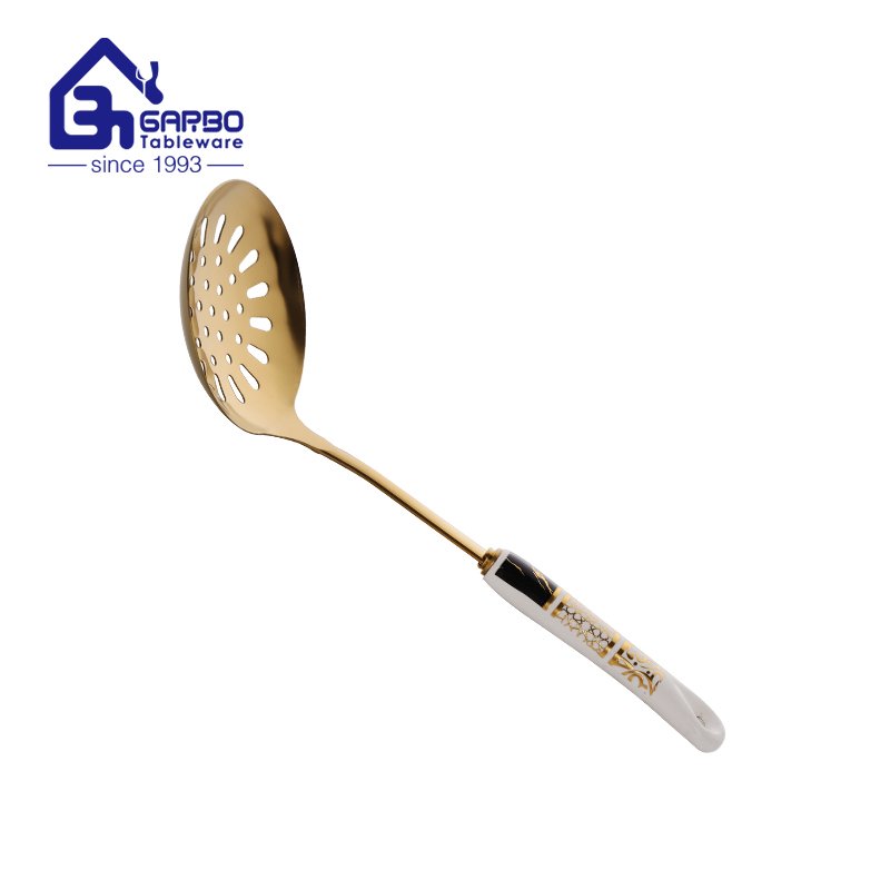 Top Sales Cooking Utensils Set Heat Resistant 201ss Golden Ceramic Handle Spaghetti Spoon