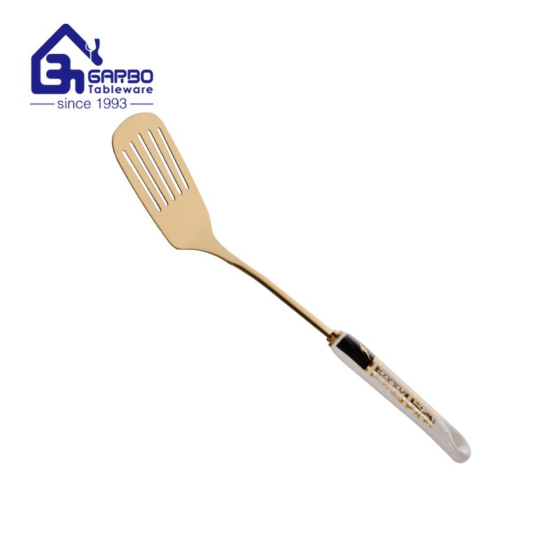 Top Sales Cooking Utensils Set Heat Resistant 201ss Golden Ceramic Handle Spaghetti Spoon