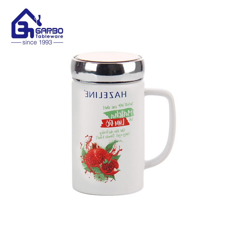 Oem logo printing design 17oz ceramic coffee mug water drinking porcelain cup with handle stainless steel sealed cover