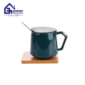 Hotsale 370ml green ceramic mug with spoon for drinking water