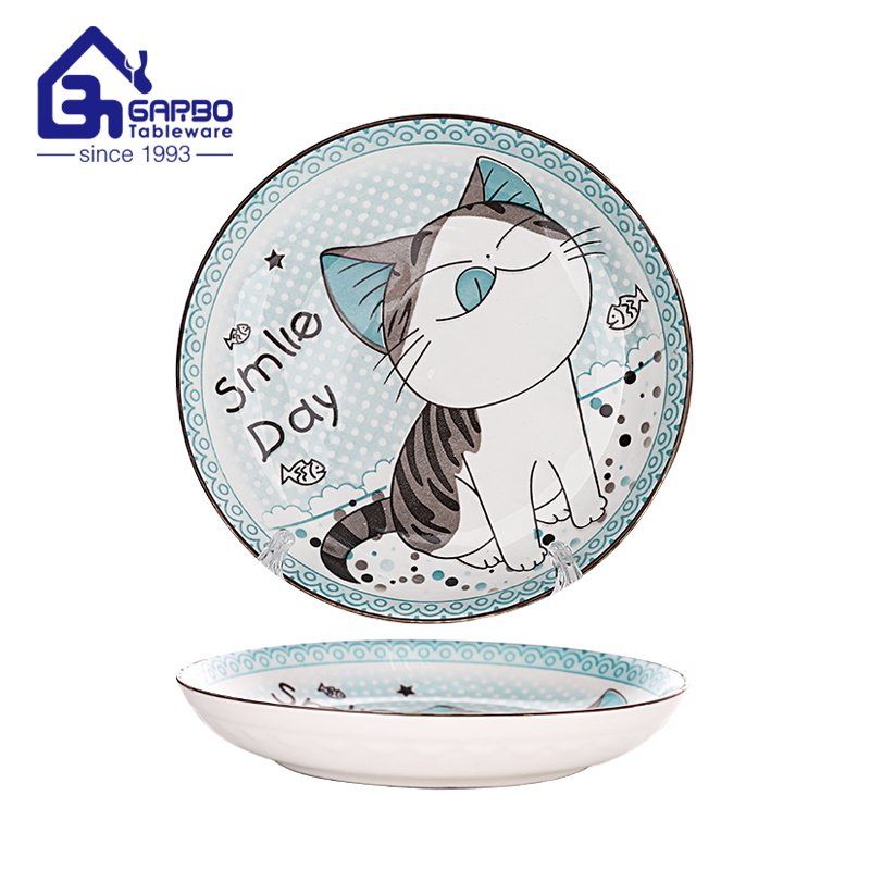 Cute Cat Design porcelain plate 8”underglazed printing ceramic dish round shaped side plate dessert dish