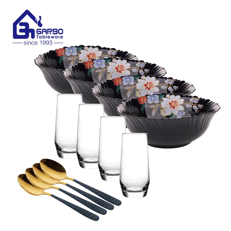 Festival flower decal round opalware dinner set with tumbler and black spoon