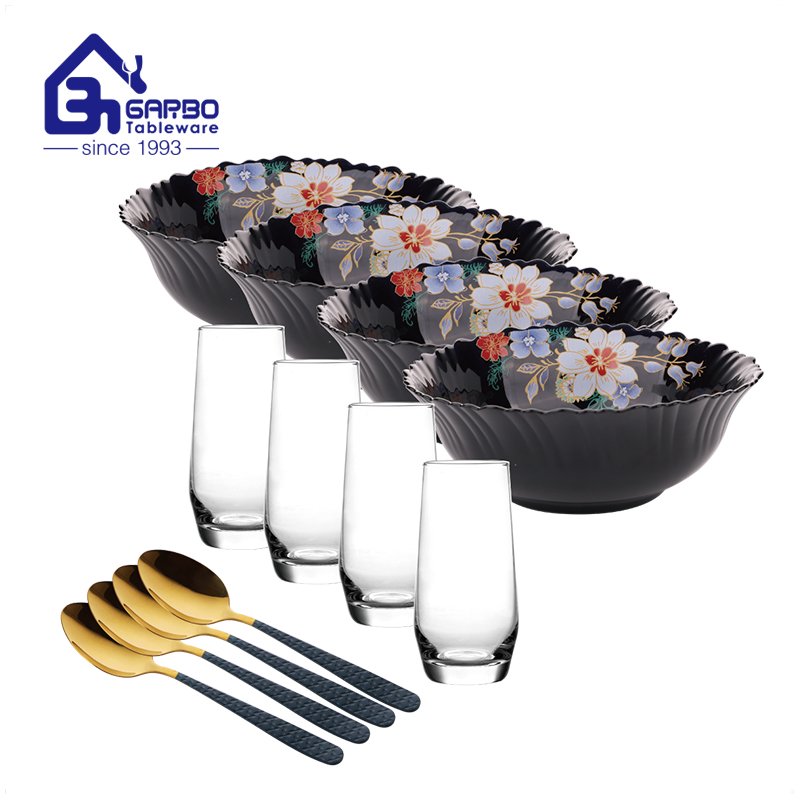 Festival 12pcs dinner bowl cup spoon set with customize flower decal