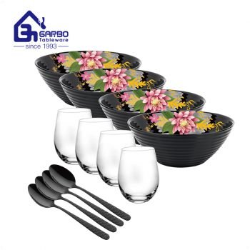 Festival-Blumen-Aufkleber, rundes Opalgeschirr-Geschirr mit Becher und schwarzem Löffel
