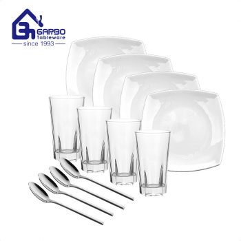 Garbo Machine Pressed 12pcs Juego de platos de vidrio opalino con taza de agua y cuchara