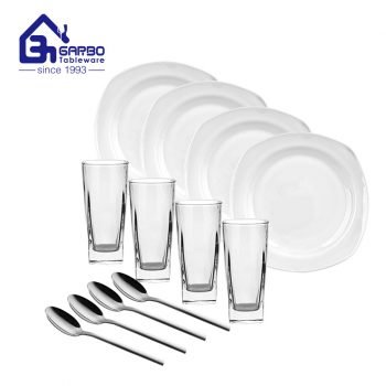 New plain white spinning square shape dinner set with tumbler and spoon 12pcs