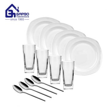 Novo conjunto de jantar quadrado giratório branco liso com copo e colher 12 peças