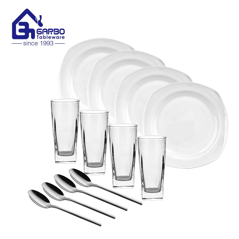 Elegant plain white leaf design dinner plate with goblet and spoon set 12pcs