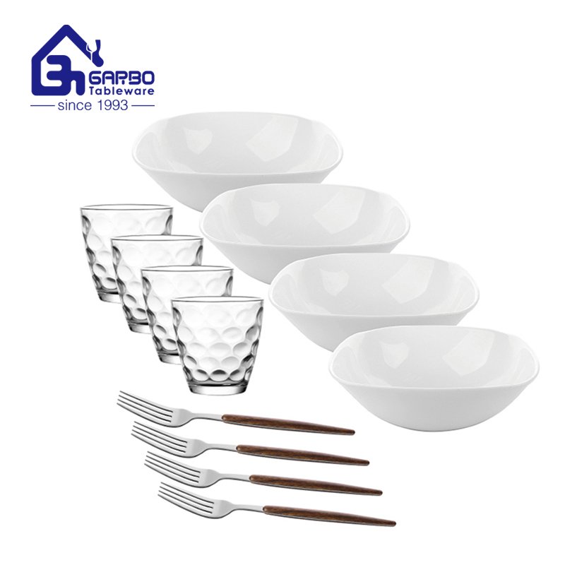 square dinner bowl with tumbler and fork set 12pcs