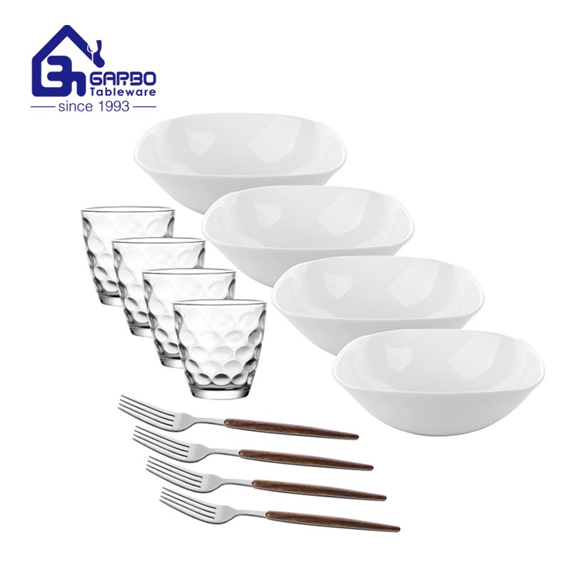 Promotion round 12pcs dinner set plain bowl and tumbler fork for 4 people use