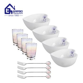 Heart shaped opal dinner set with glass tumbler and forks for Valentines Day