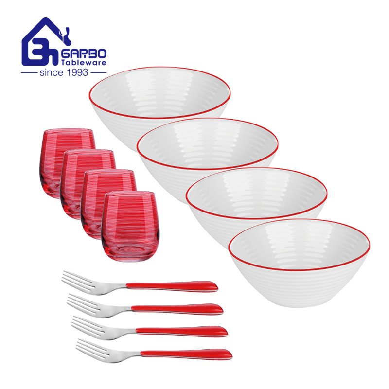 2023 Christmas dinnerware set with opal bowl, red stemless glass and dinner forks