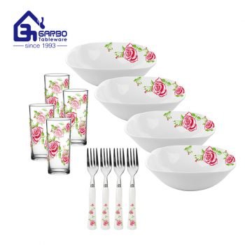 Conjunto de jantar de opala de flor de rosa para presentes de feriado com copos de vidro e garfos de jantar