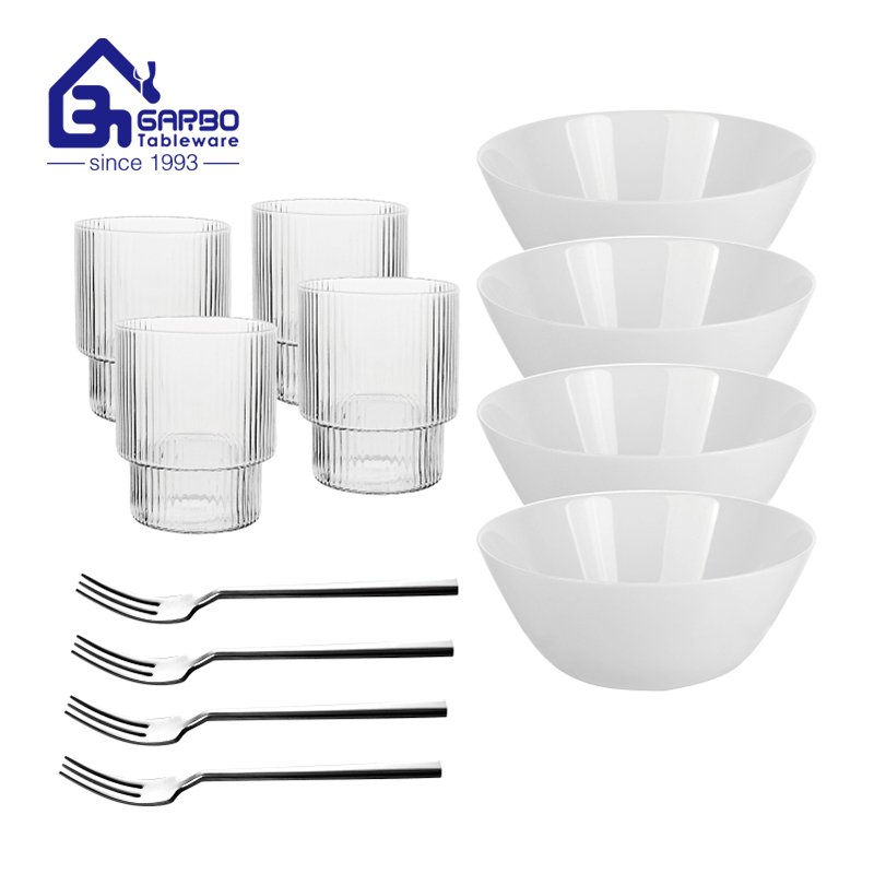 Promotion round 12pcs dinner set plain bowl and tumbler fork for 4 people use