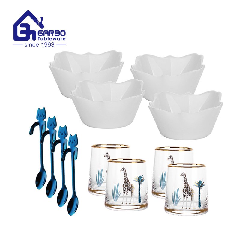 Wholesale plain 12pcs glass dessert serving set with bowl cup fork