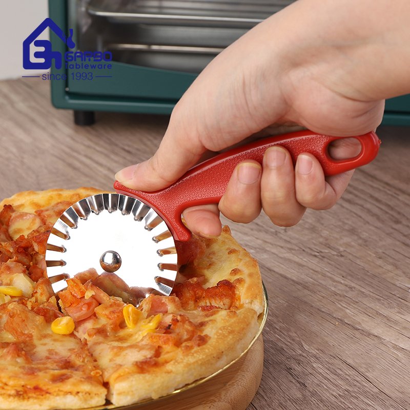 Machine Polish Stock Stainless Steel Pizza Cutter With Red Poly Grip Handle