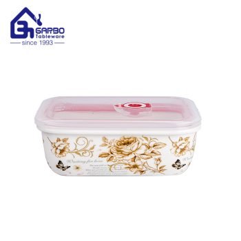 Daily use Rectangle-shaped 580ml porcelain food container Microwavable ceramic lunch bowl OEM printing design with PP lid