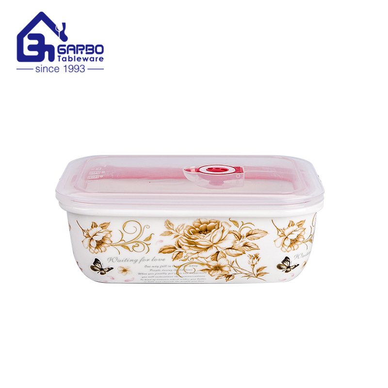 370ml ceramic lunch box round shape with plastic lid Microwave Dishwasher Safe