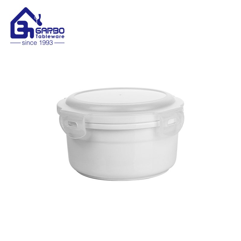 370ml ceramic lunch box round shape with plastic lid Microwave Dishwasher Safe