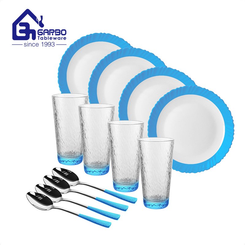 Opalglas-Geschirr-Set mit Löffel und Glasbecher, alle in blauer Farbe