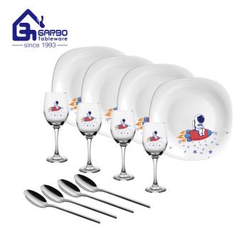 Домашний ежедневный опаловый набор столовой посуды с декоративным бокалом на ножке и ложками