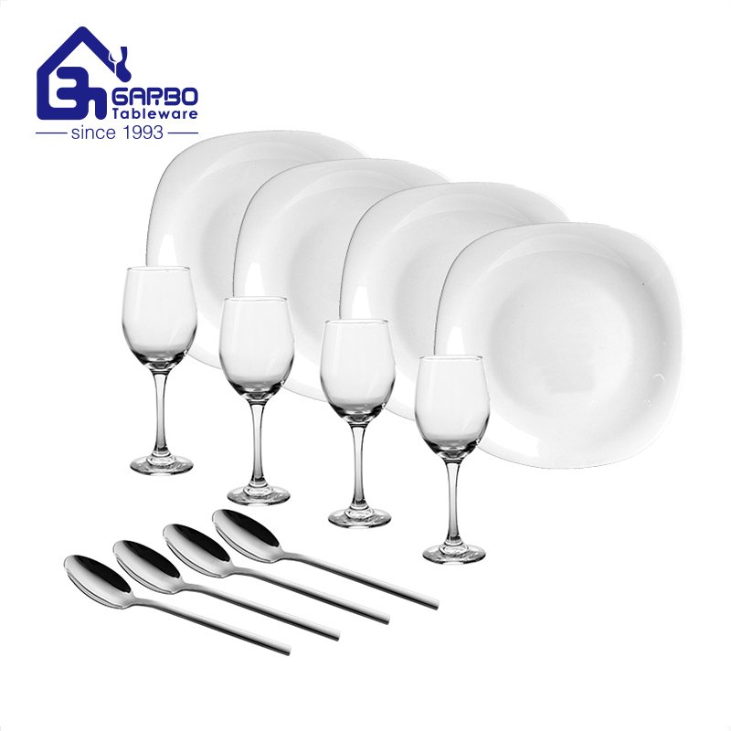 Home daily opal dinnerware set with decorative stem wine glass and spoons