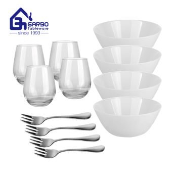 Promotion round 12pcs dinner set plain bowl and tumbler fork for 4 people use